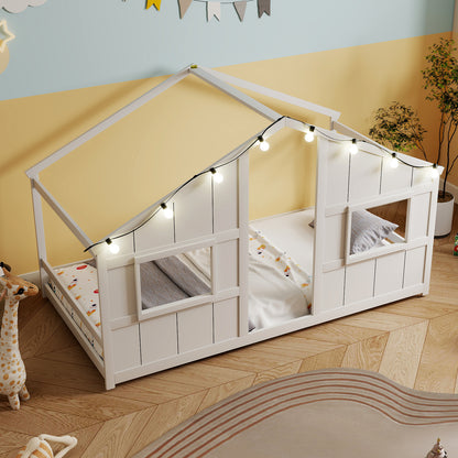 Twin Size House Bed With LED Lights, Montessori Floor Bed, White Toddler Beds at Gallery Canada
