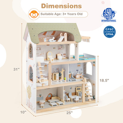 Wooden Dollhouse With 33 PCS Furniture, Green Play Tents & Playhouse at Gallery Canada