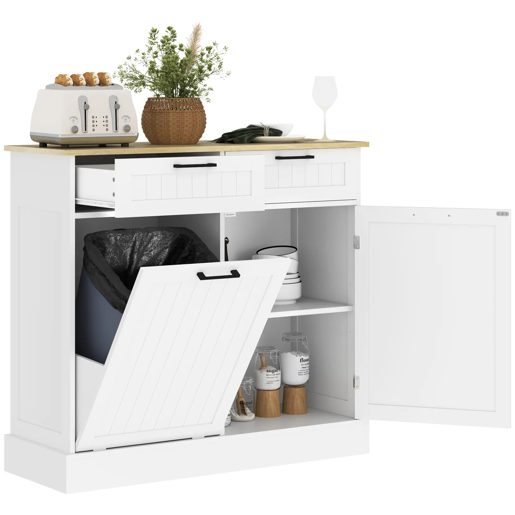 Hidden Garbage Bin Cabinet, Tilt Out Trash, 2 Drawers, White Bar Cabinets White, Oak at Gallery Canada