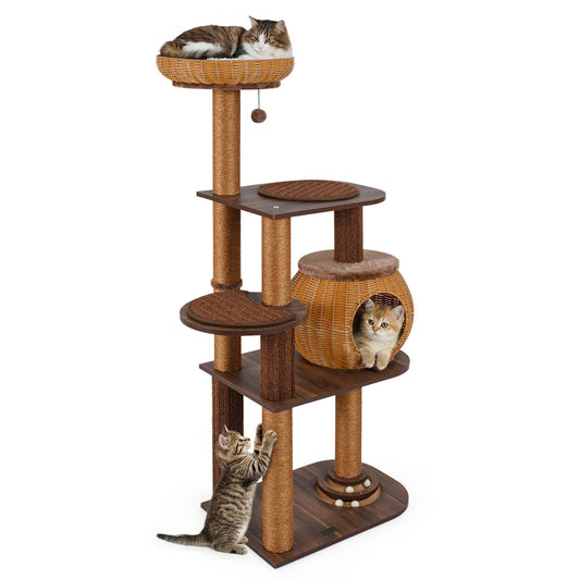 59.5 Inch Cat Tree, Multi-Level Cat Tower, PE Rattan Condo, Brown Cat Trees Condos & Scratchers Brown at Gallery Canada
