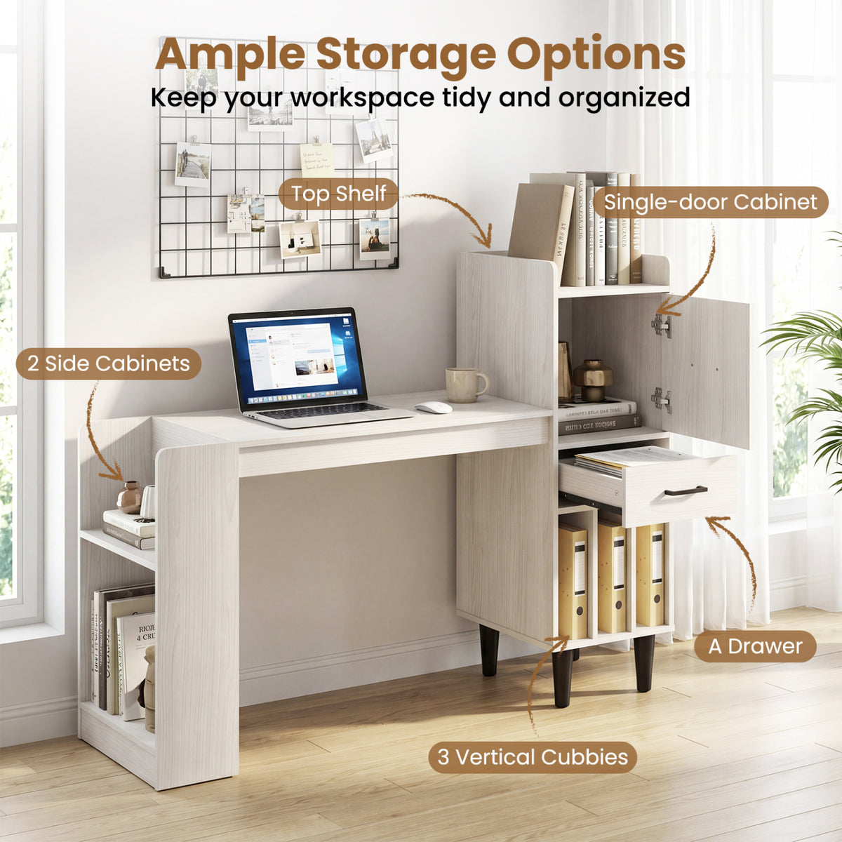 59" Desk with Side Storage Shelves and Drawer, White Standing Desks at Gallery Canada