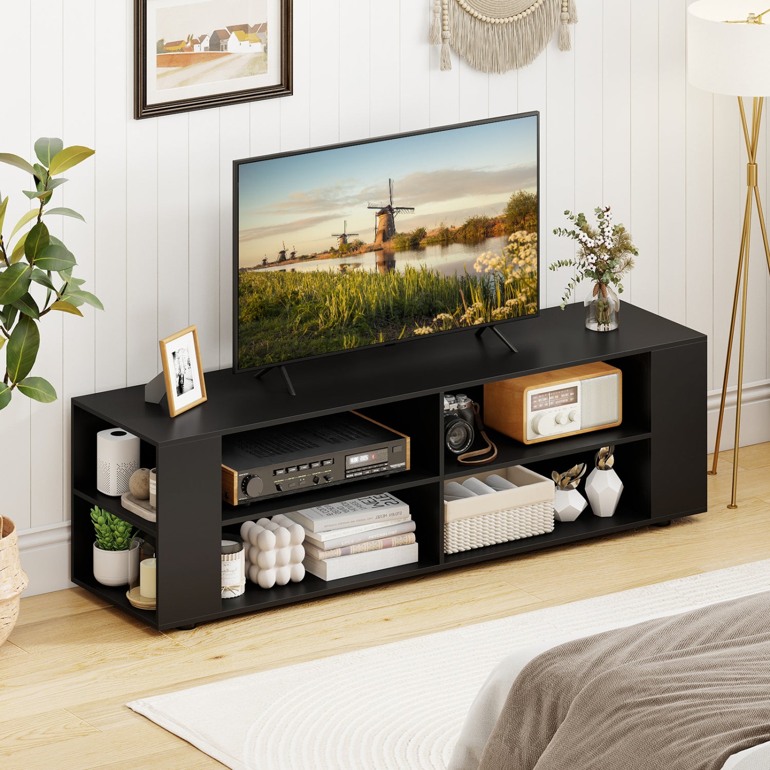 59 Inch Wood TV Stand, Console Storage Entertainment Media, Black Entertainment Centers & TV Stands at Gallery Canada