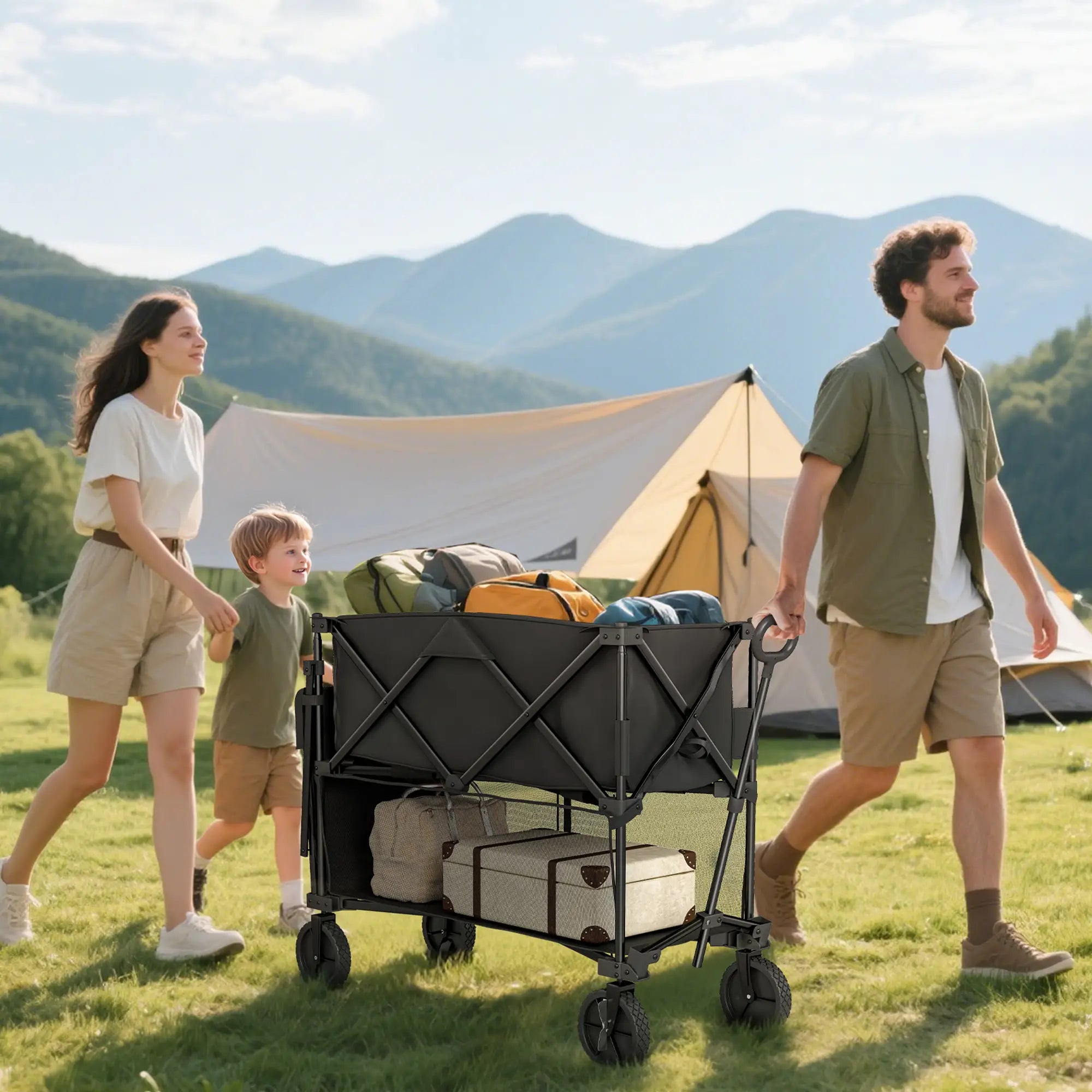 Double Decker Folding Wagon Cart, 450LBS & 350L Capacity, Collapsible Garden Cart Folding Garden Carts at Gallery Canada