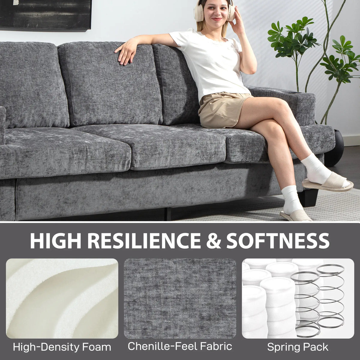 3 Seater Sofa with USB Ports, Cup Holders, Chenille Upholstery, Grey 3-Seater Sofas at Gallery Canada