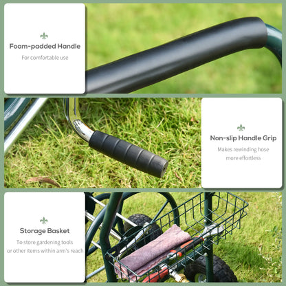 Portable Garden Hose Reel Cart With 4 Wheels, Storage Basket, Farm