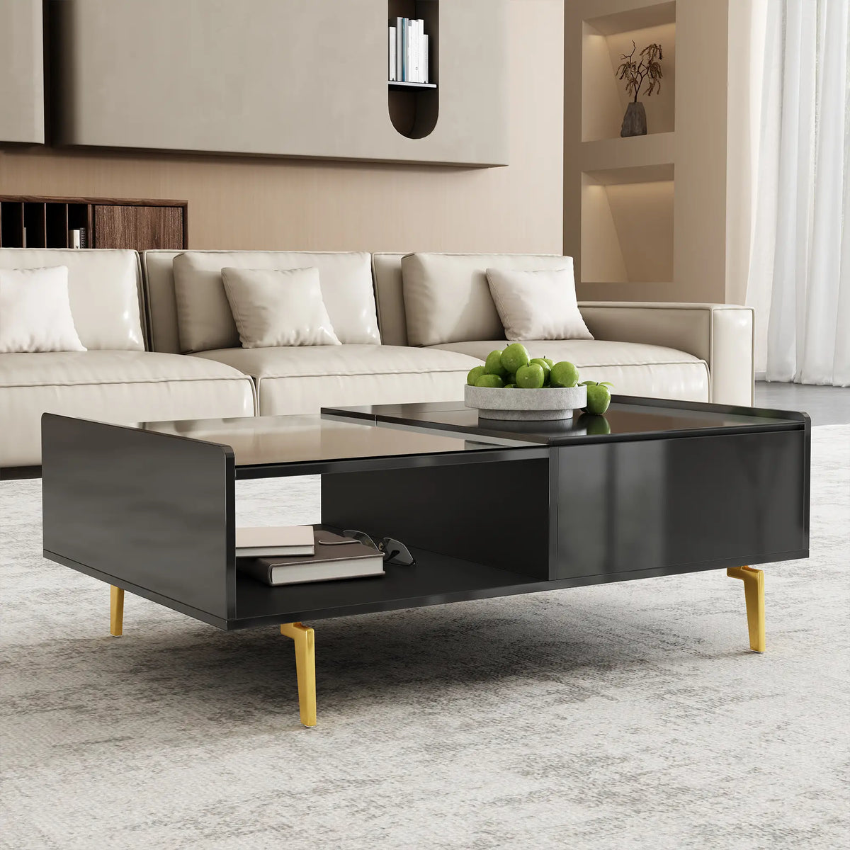 LED Coffee Table, Glass Top, Adjustable Height, Storage, 43.5" L x 21.5" W x 15.5" H, Black Coffee Tables at Gallery Canada