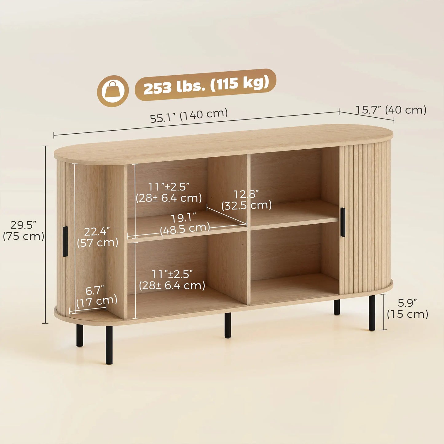 Mid Century Fluted Buffet Cabinet With Sliding Doors, 55", Natural Storage Cabinets at Gallery Canada