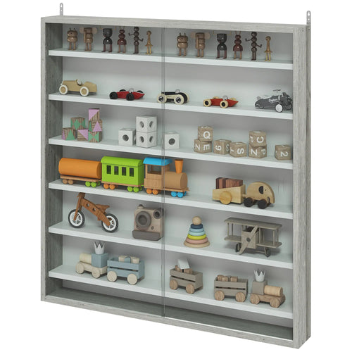 7-Tier Glass Display Cabinet, 2 Doors, 6 Adjustable Shelves, Grey