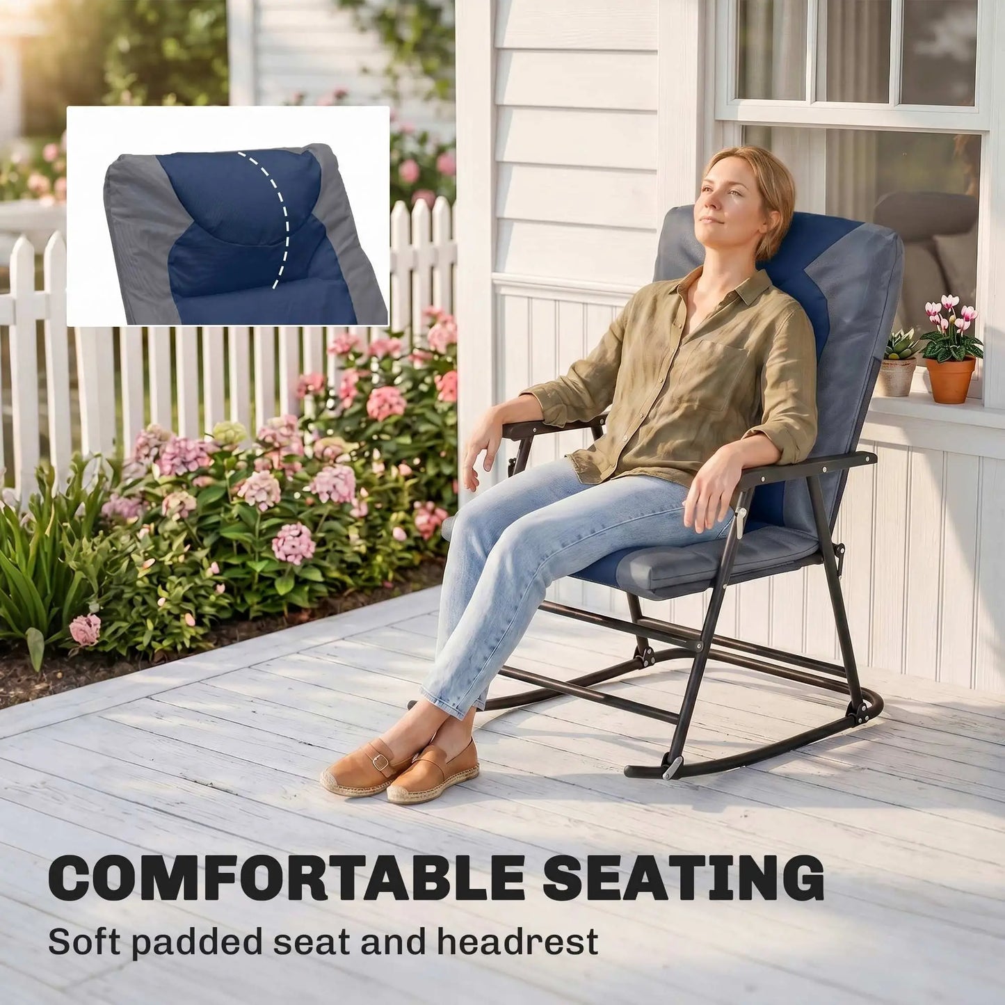 3pc Foldable Rocking Chair Set, Outdoor Bistro w/ Padded Seat, Blue Outdoor Rocking Chairs at Gallery Canada