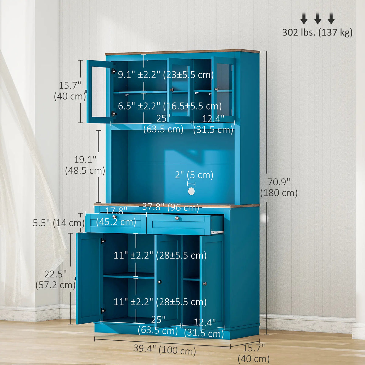 71" Pantry Cabinet with Microwave Space, Adjustable Shelves, Navy Blue Kitchen Pantry Cabinets at Gallery Canada