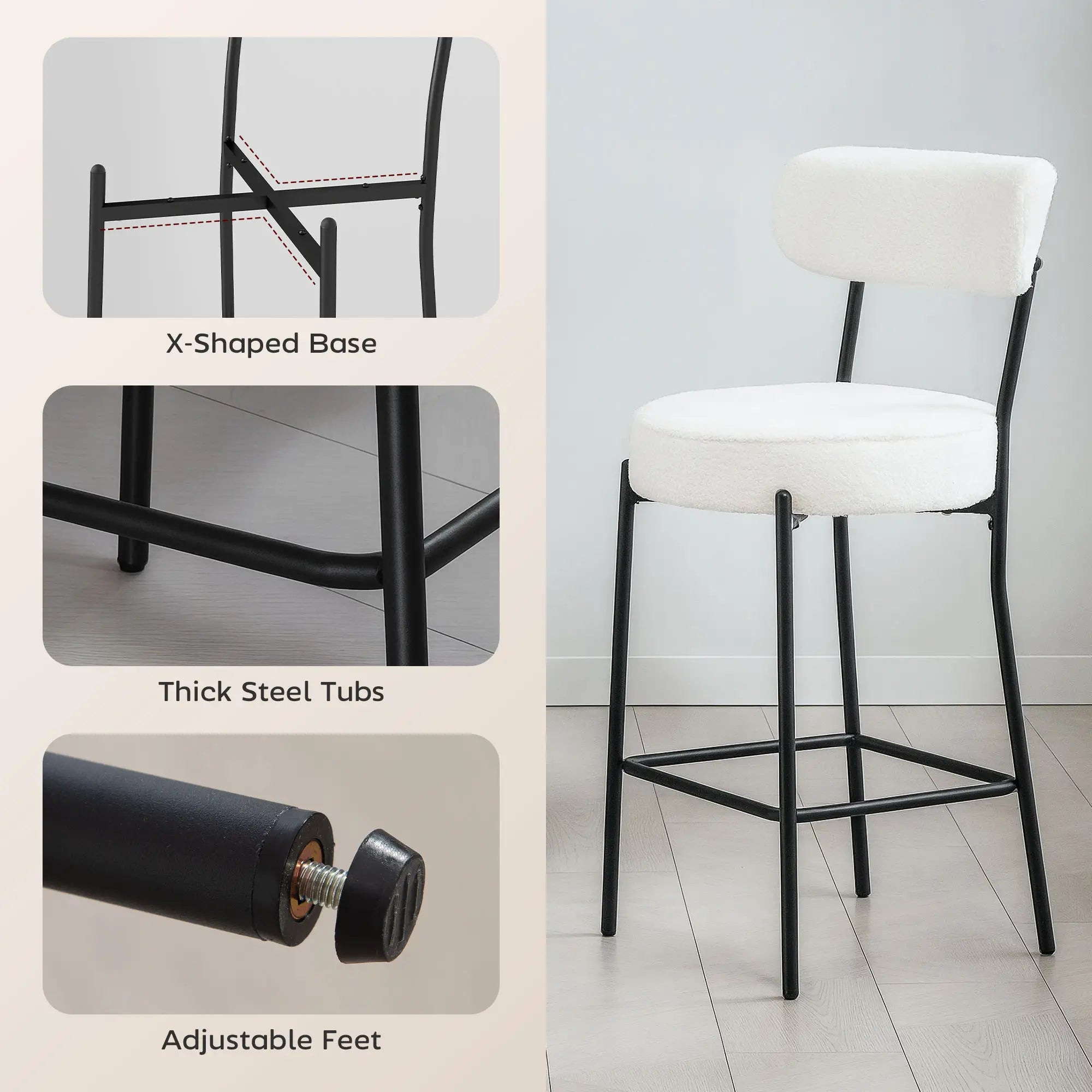 Set of 2 Barstools, Upholstered with Backrest, Footrest, Cream White Bar Stools at Gallery Canada