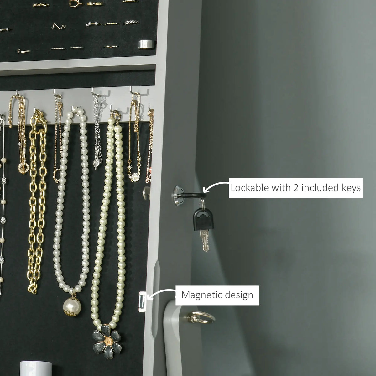 Mirror Jewelry Cabinet, Lockable Organizer, Full-Length Mirror, 3 Angle Adjustable, Grey Jewelry Armoire & Jewellery Mirror Cabinets at Gallery Canada