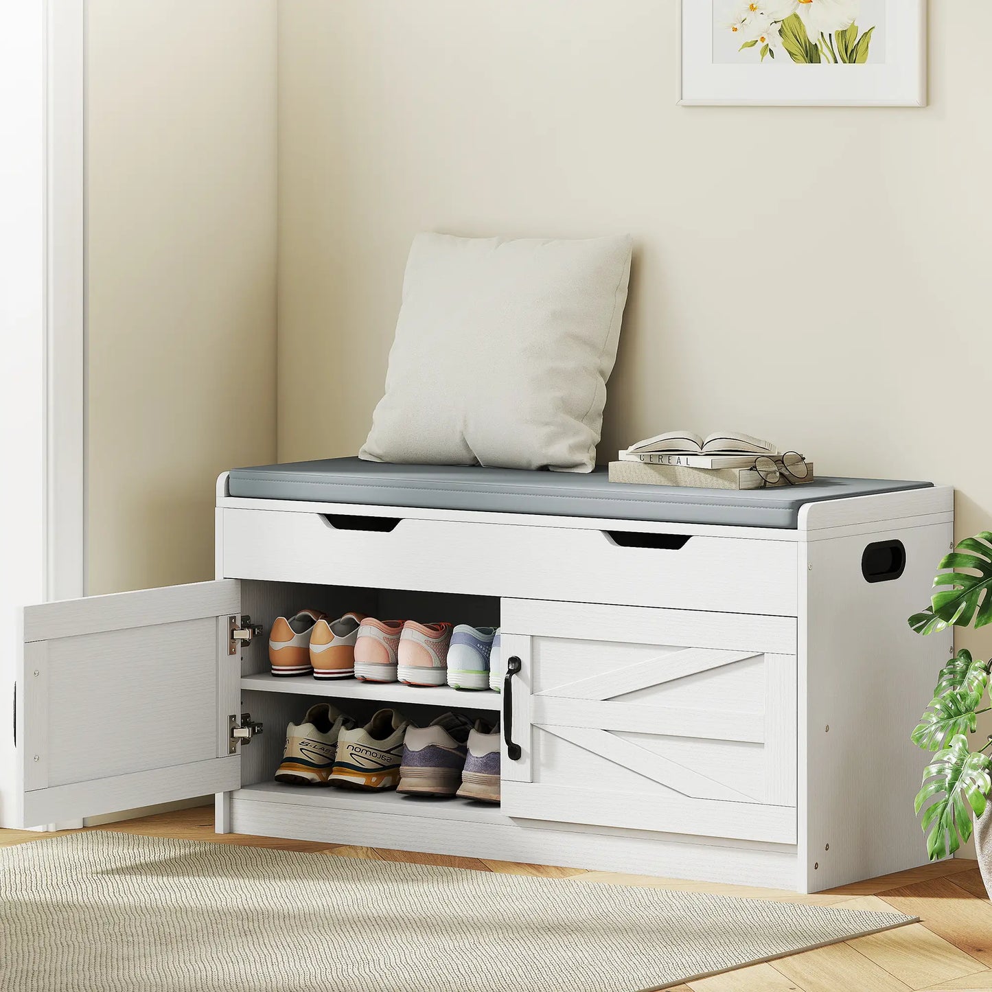 Shoe Storage Bench, 2-Tier Cabinet, Flip-Top, Padded Cushion, White Shoe Storage Cabinets & Racks at Gallery Canada