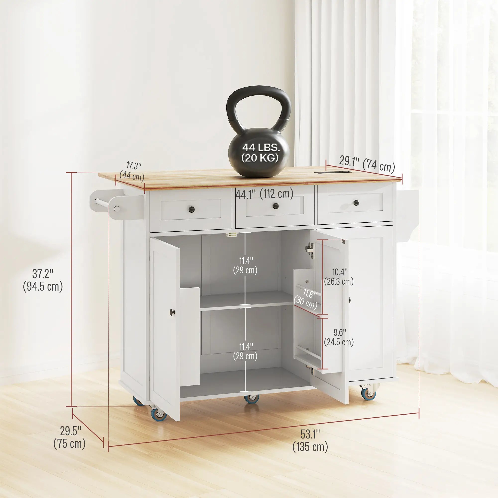 Kitchen Island on Wheels, Drop Leaf, Charging Station, Wood Top, Adjustable Shelf, White Kitchen Islands & Kitchen Carts at Gallery Canada