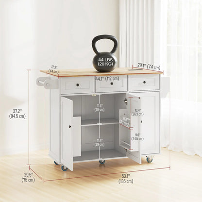 Kitchen Island on Wheels, Drop Leaf, Charging Station, Wood Top, Adjustable Shelf, White Kitchen Islands & Kitchen Carts at Gallery Canada