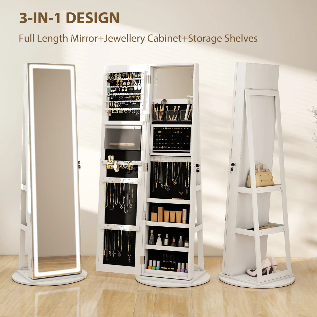 360° Swivel Jewelry Cabinet, Full Length Mirror, Lockable, LED Lights, White Jewelry Armoire & Jewellery Mirror Cabinets at Gallery Canada