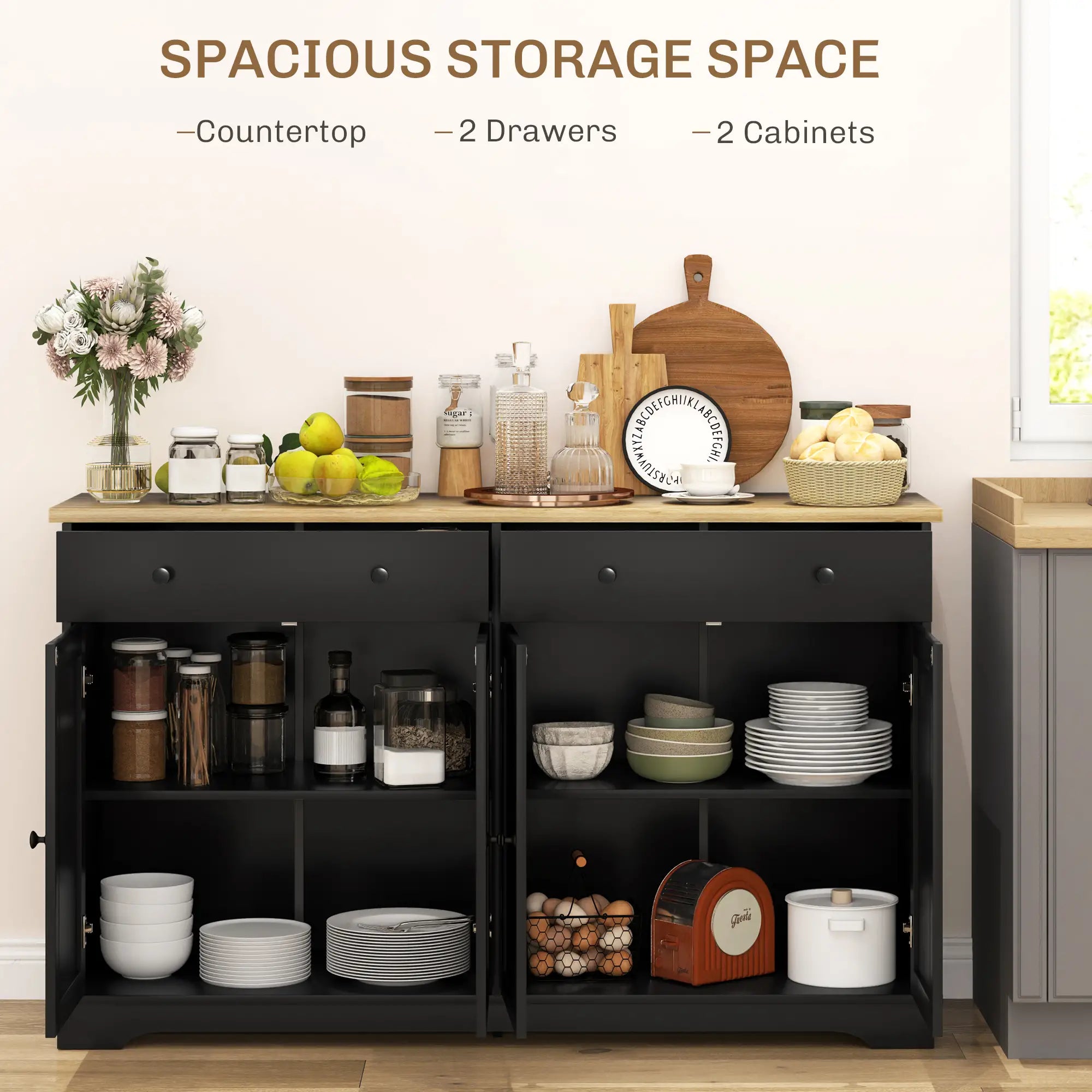 Modern Sideboard, Buffet Cabinet with Drawers, Adjustable Shelves, Black Storage Cabinets at Gallery Canada