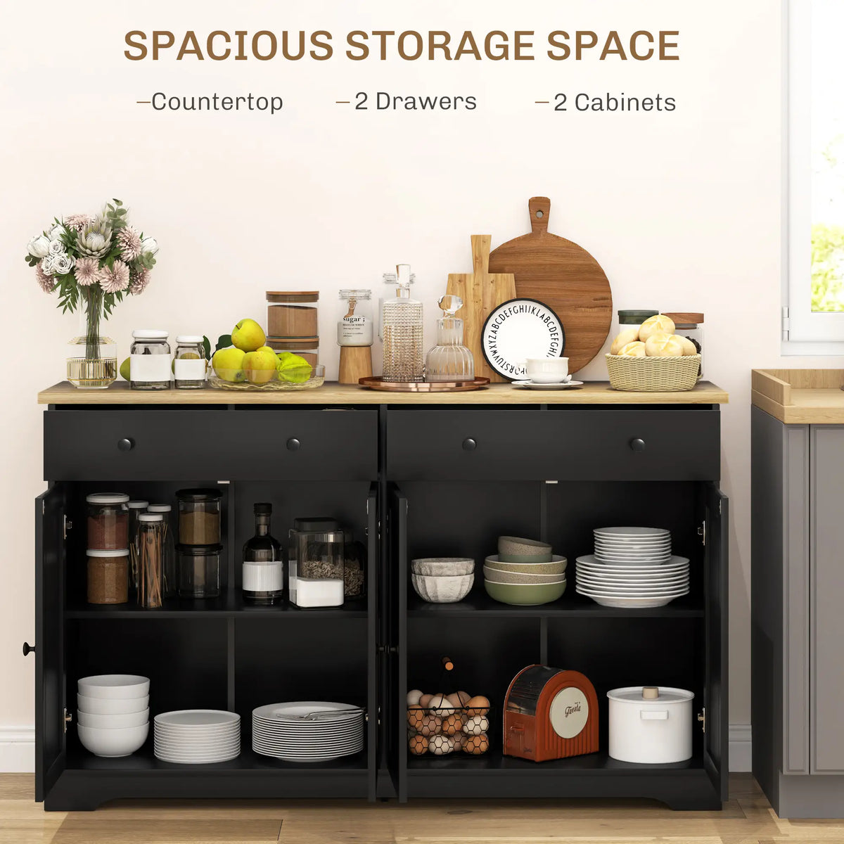 Modern Sideboard, Buffet Cabinet with Drawers, Adjustable Shelves, Black Storage Cabinets at Gallery Canada