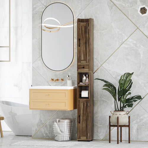 Narrow Bathroom Cabinet, Tall Storage with Barn Doors, Drawer, Adjustable Shelves, Wood Grain, Brown