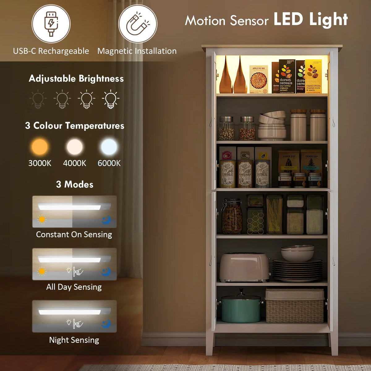 69.5" Tall Kitchen Pantry Cabinet, Motion Sensor LED Light, White Kitchen Pantry Cabinets at Gallery Canada