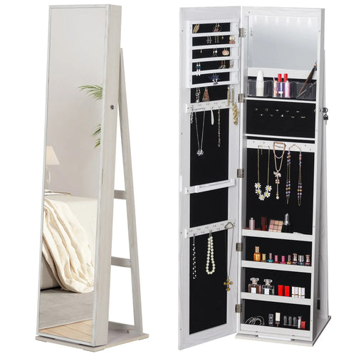 Mirror Jewelry Cabinet, Lockable Organizer with LED Lights, White Wood, White