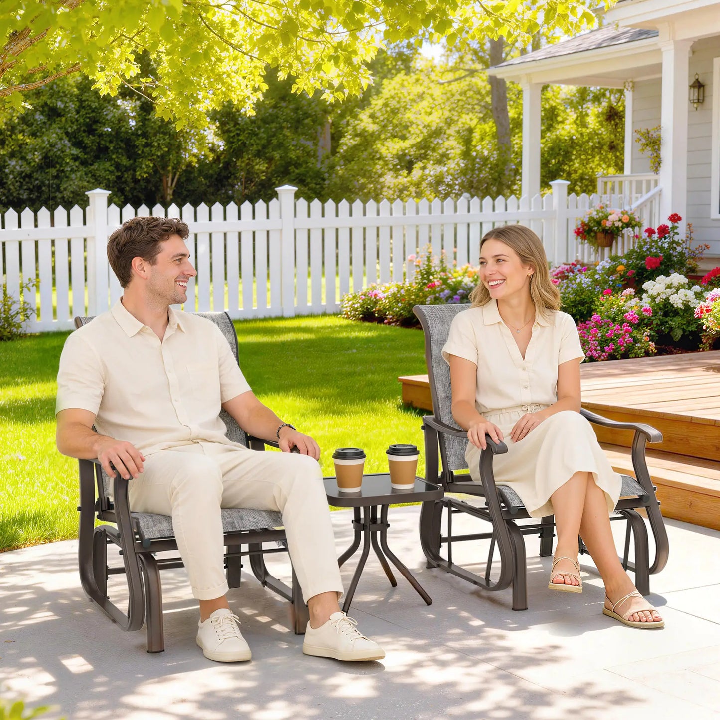 3 Pc Gliding Rocking Chair Bistro Tea Table Set, Grey Bistro Sets at Gallery Canada
