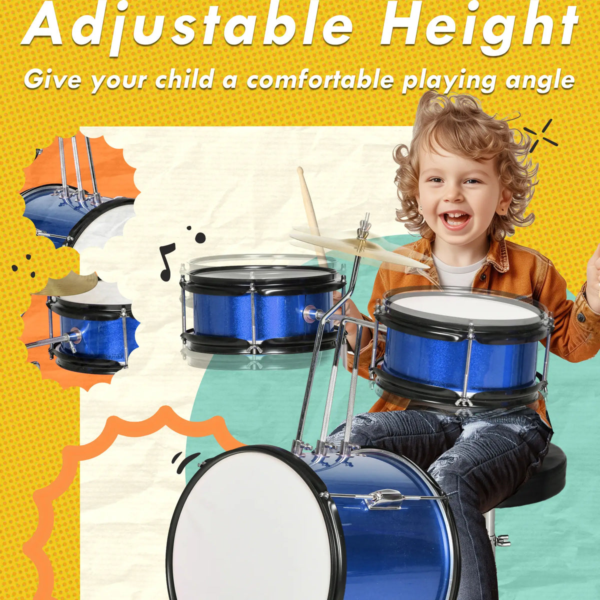 7 Piece Kids Drum Set, Throne, Cymbal, Pedal, Drumsticks, Blue Electronic Musical Pianos at Gallery Canada