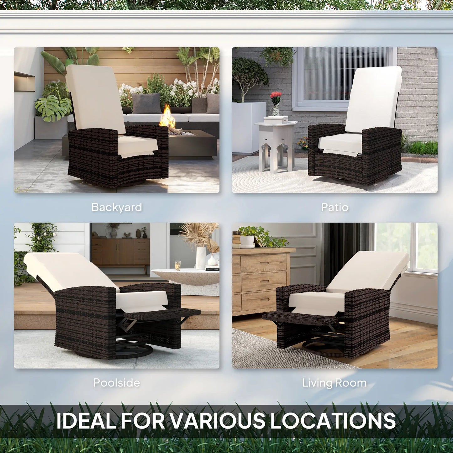 Outdoor Rattan Wicker Lounge Chair with Footrest, Soft Cushion, Khaki Patio Chairs at Gallery Canada