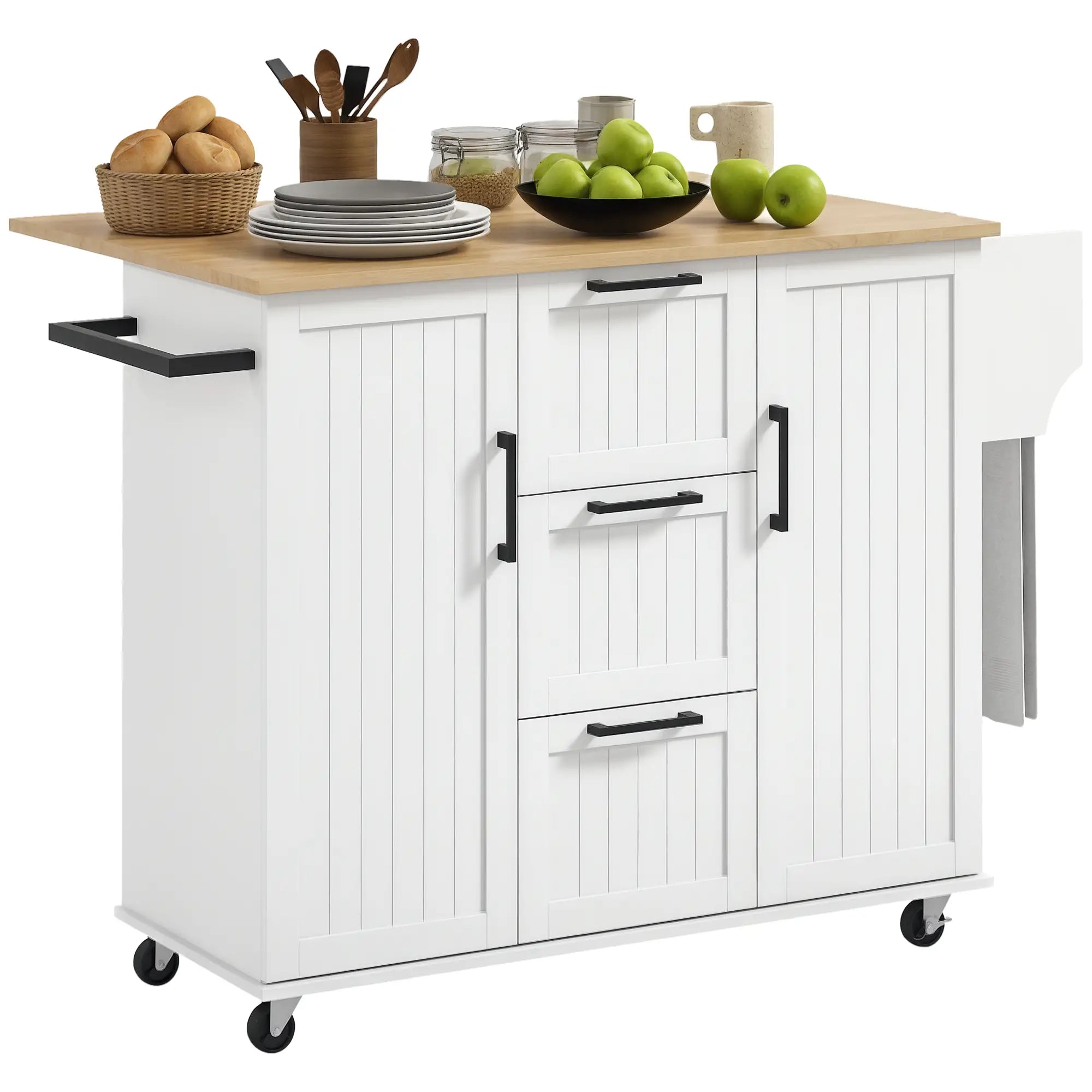 Rolling Kitchen Cart, Drop Leaf, 3 Drawers, Solid Wood Top, Towel Rack, White Kitchen Islands & Kitchen Carts at Gallery Canada