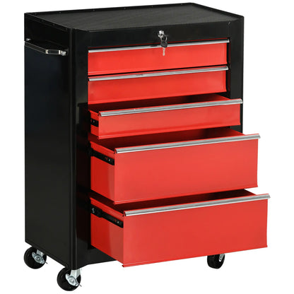 5-Drawer Rolling Tool Chest, Lockable Tool Cabinet, 4 Wheels, Black, Red