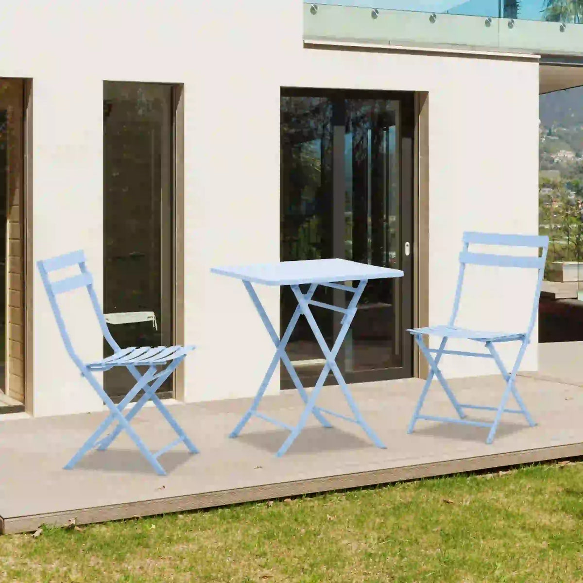 3 Piece Bistro Set, Foldable Patio Chairs, Square Table, Blue Bistro Sets at Gallery Canada