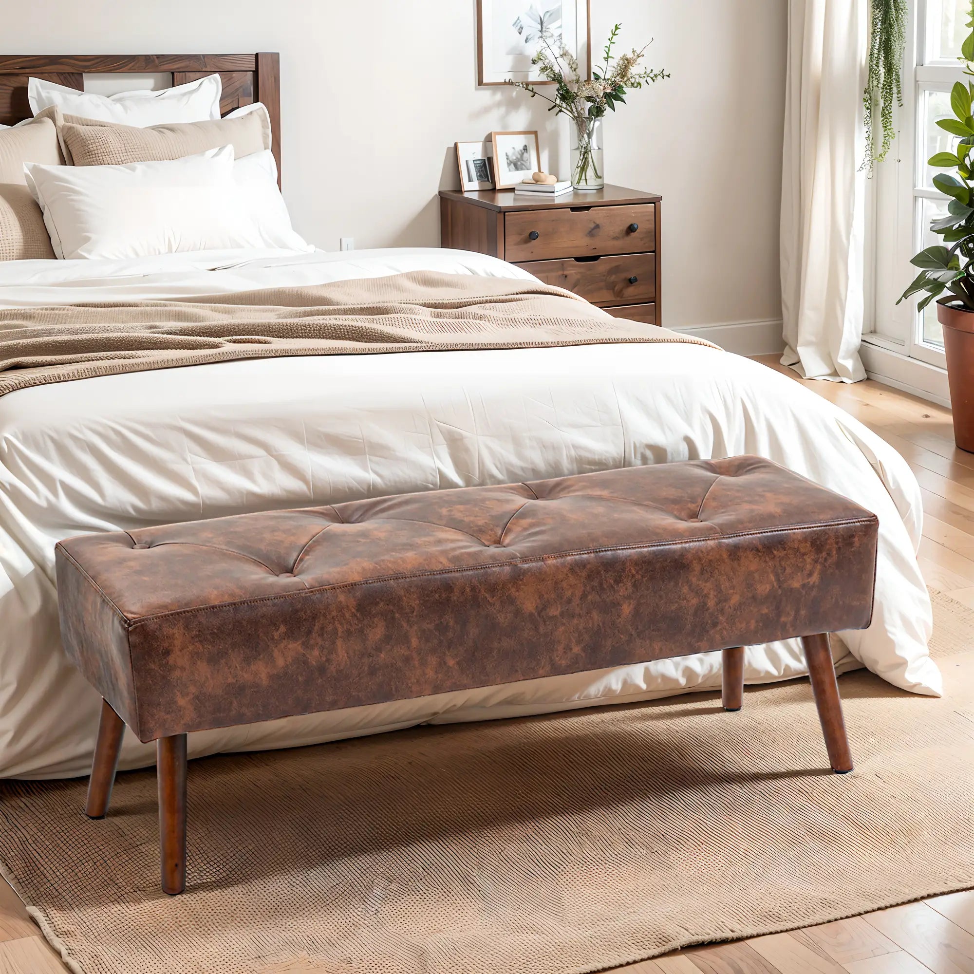 Button Tufted PU Leather Bench, Wood Legs, Brown Storage Ottomans & Benches at Gallery Canada