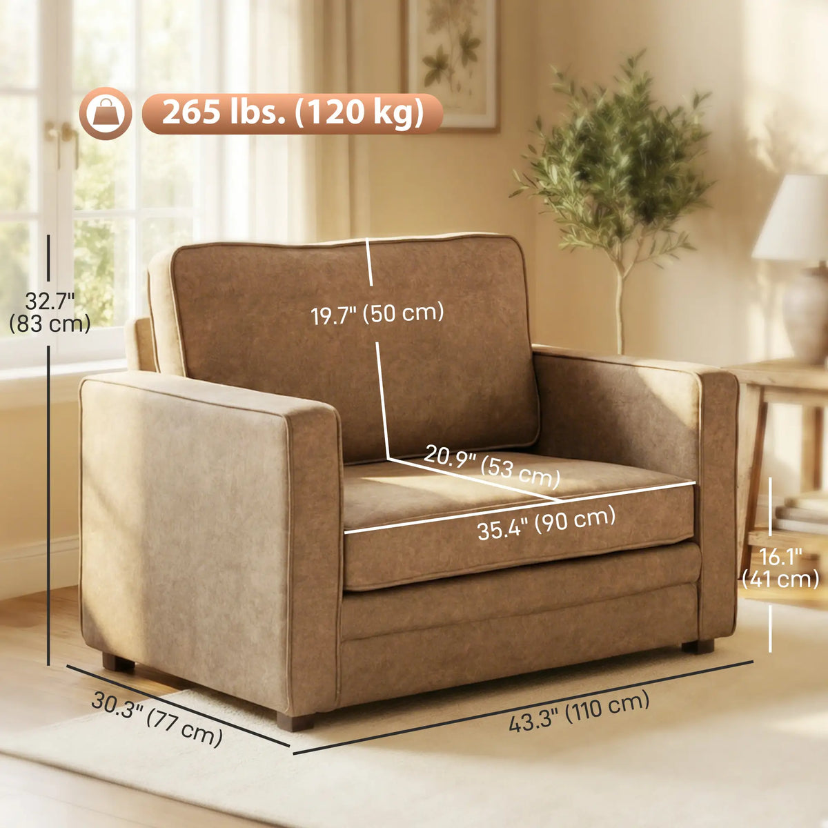 Velvet Fabric Armchair, Wide Seat, Spring Cushion, Solid Wood Legs, Brown