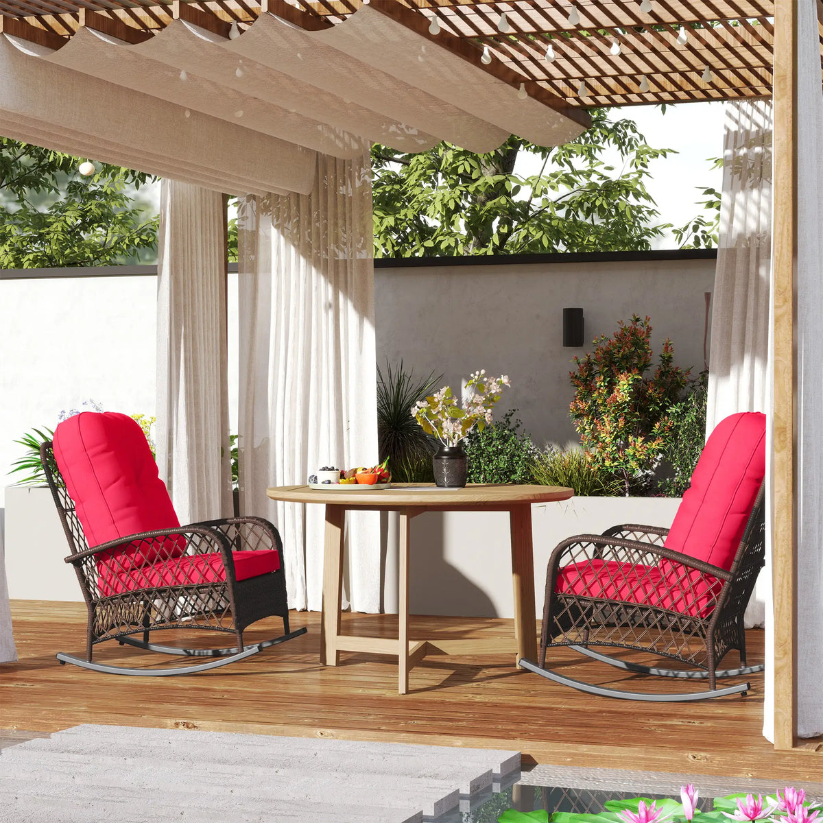 Outdoor Wicker Rattan Rocking Chair Set, Patio Rocker with Cushions, Red Outdoor Rocking Chairs at Gallery Canada
