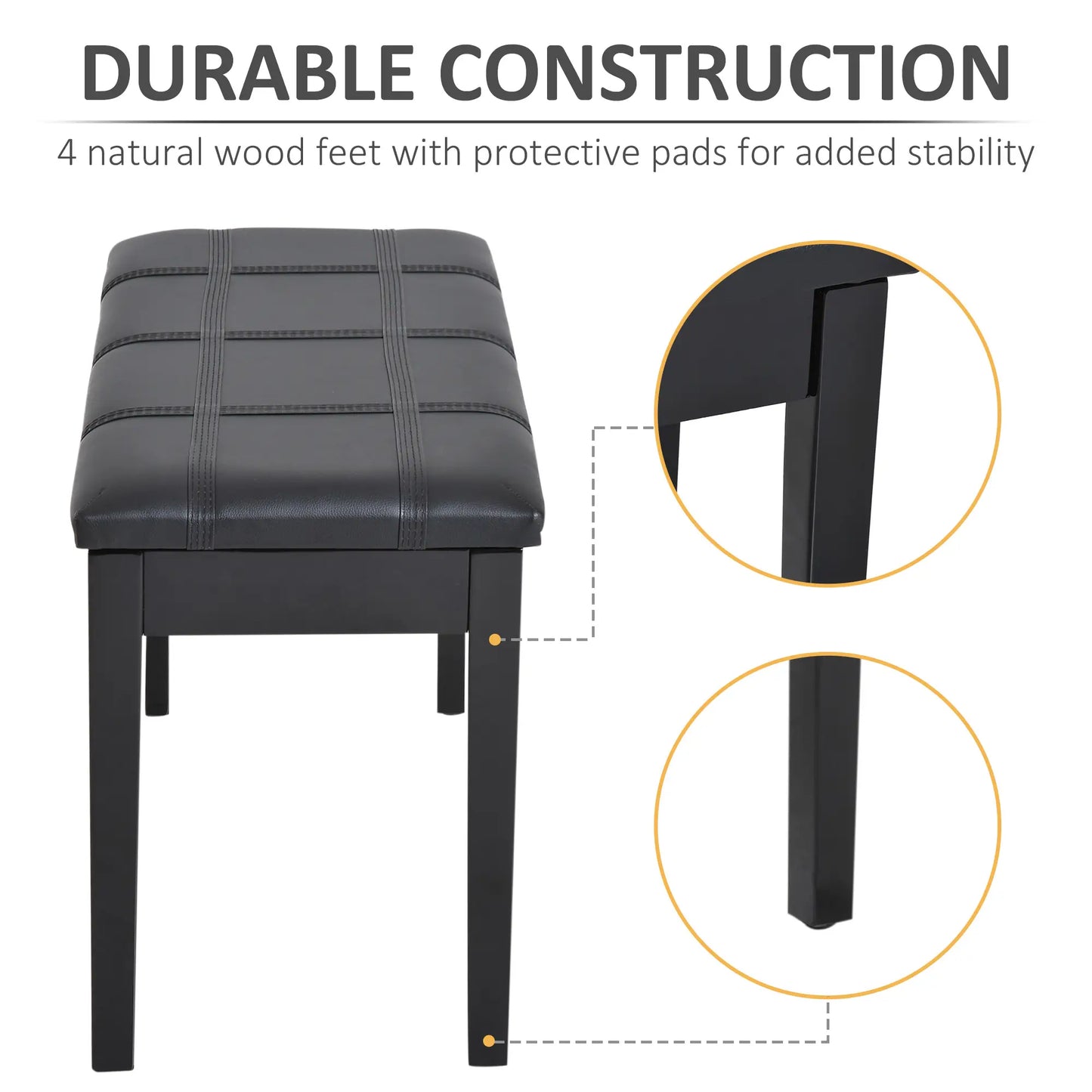 Classic Piano Bench, PU Leather, Rubber Wood Legs, Black Piano Benches at Gallery Canada
