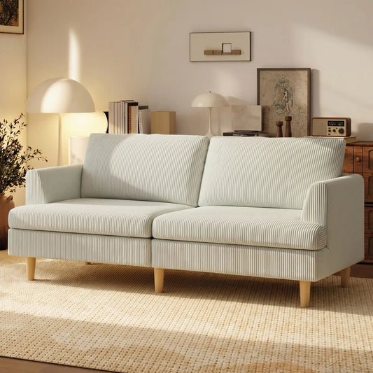3 Seater Sofa, 74" Corduroy Couch, Solid Wood Legs, Beige 3-Seater Sofas Beige at Gallery Canada