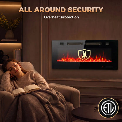 42" Electric Fireplace, Ultra-Thin Recessed, Wall Mounted, Black, Black Electric Fireplaces at Gallery Canada