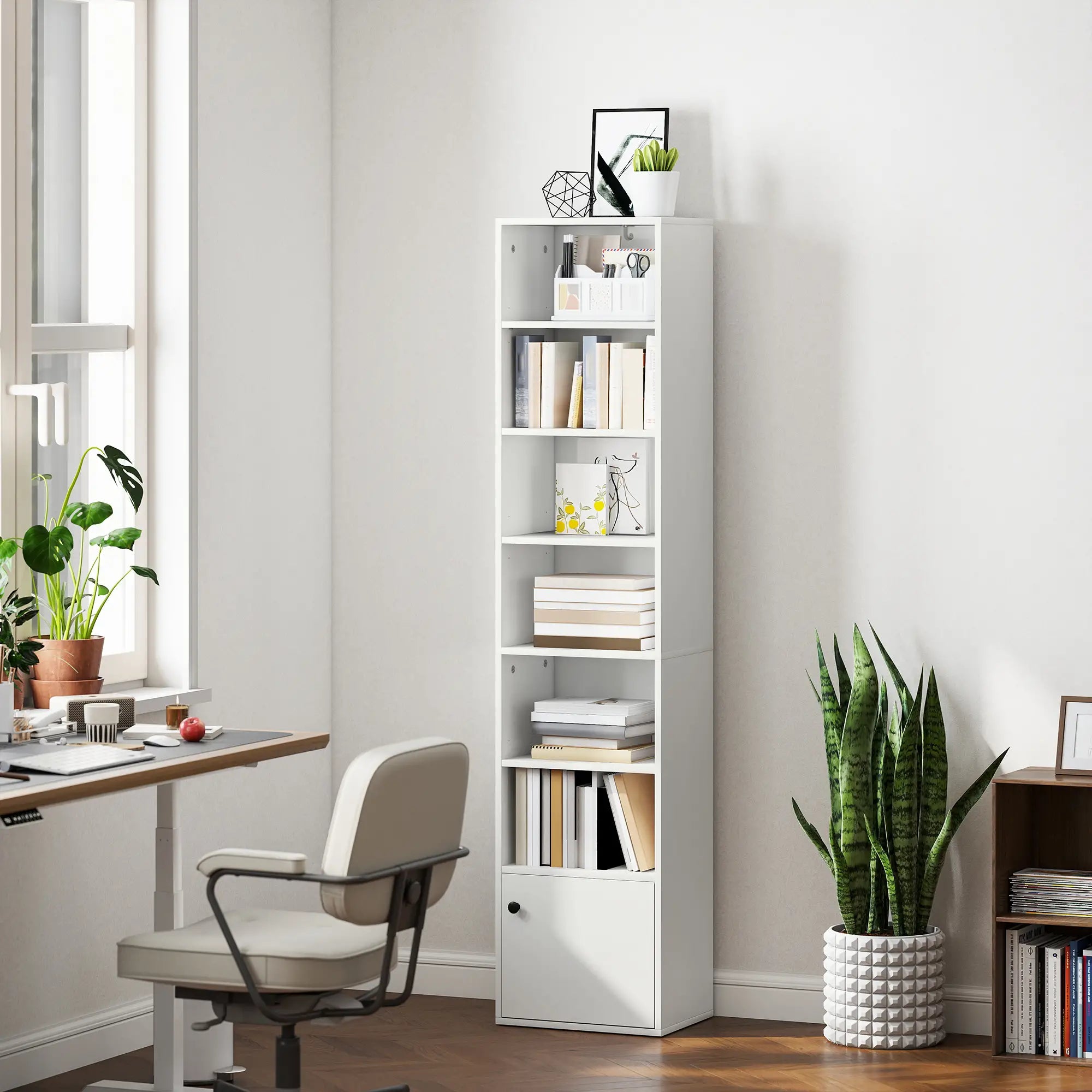 7-Tier Bookcase, Display Shelf with Cabinet, White Display Bookshelves at Gallery Canada