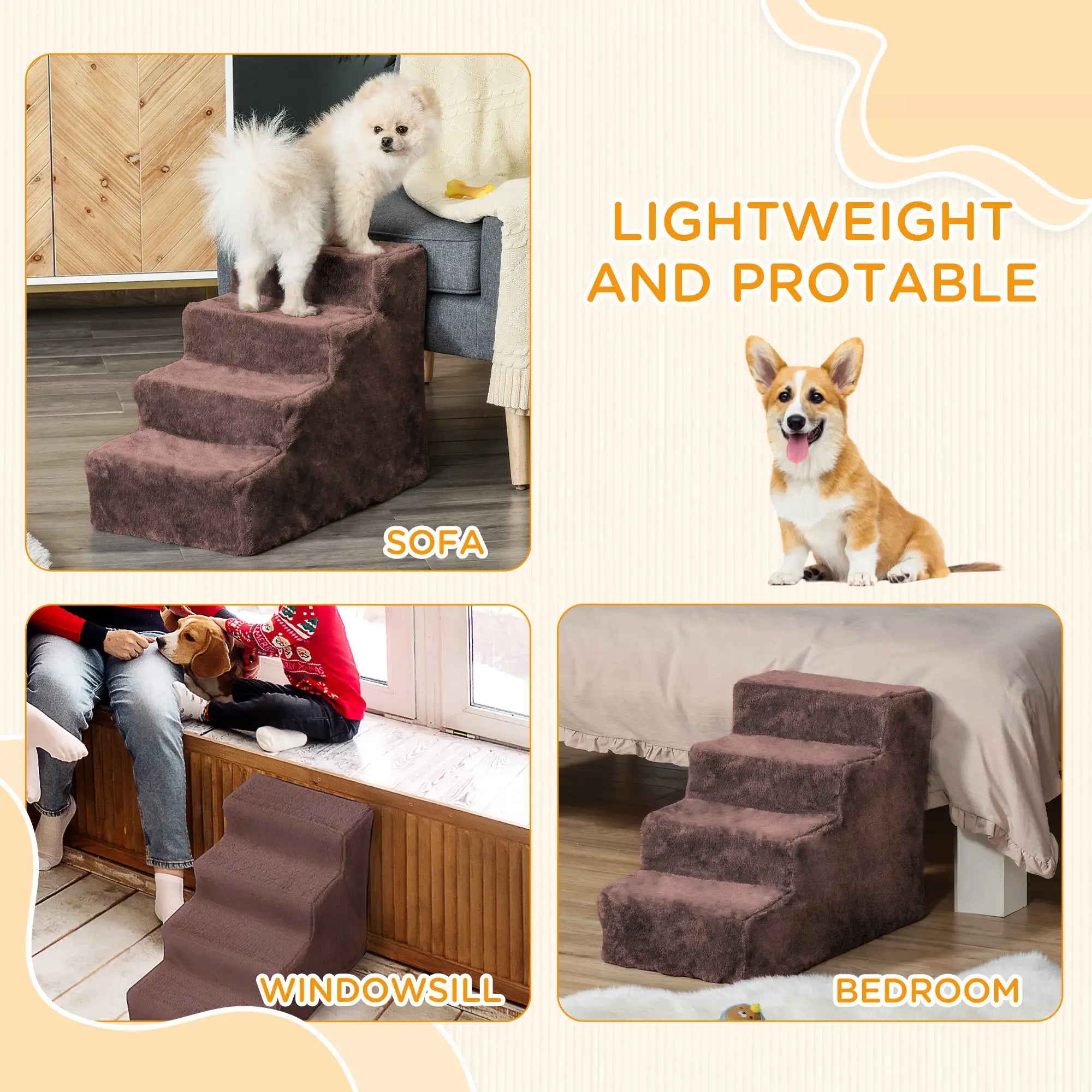 4-Step Dog Ramp for Sofa, Bed, Couch, Removable Cover, Brown Dog Stairs at Gallery Canada