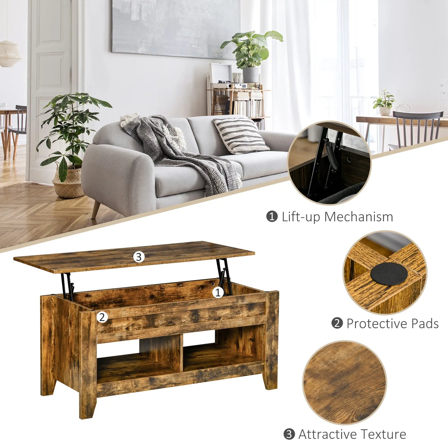 Lift Top Coffee Table, Hidden Storage, Open Shelves, Brown Coffee Tables at Gallery Canada