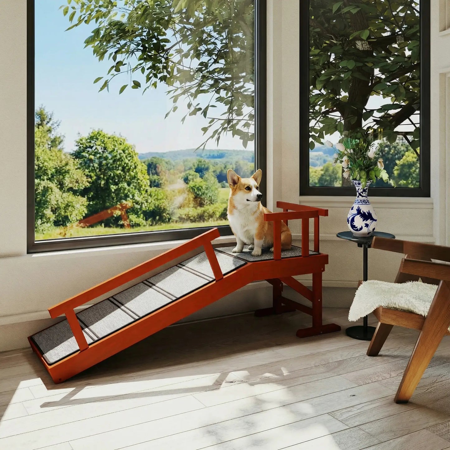 Wooden Dog Ramp, 49" Long, Non-Slip Rug, Removable Guardrails, Brown Dog Stairs at Gallery Canada