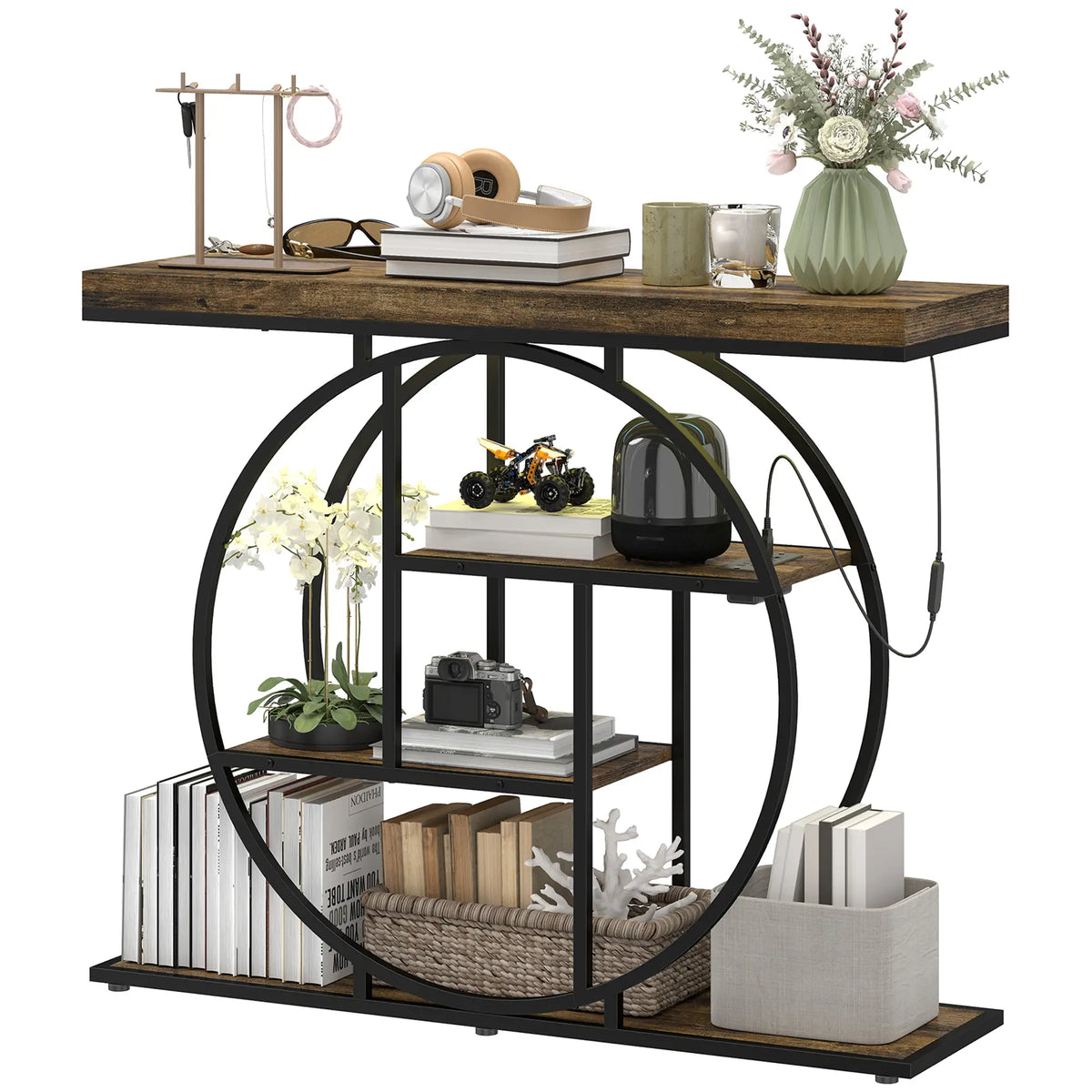 4-Tier Console Table With Charging Station, LED Lights, 39", Rustic Brown