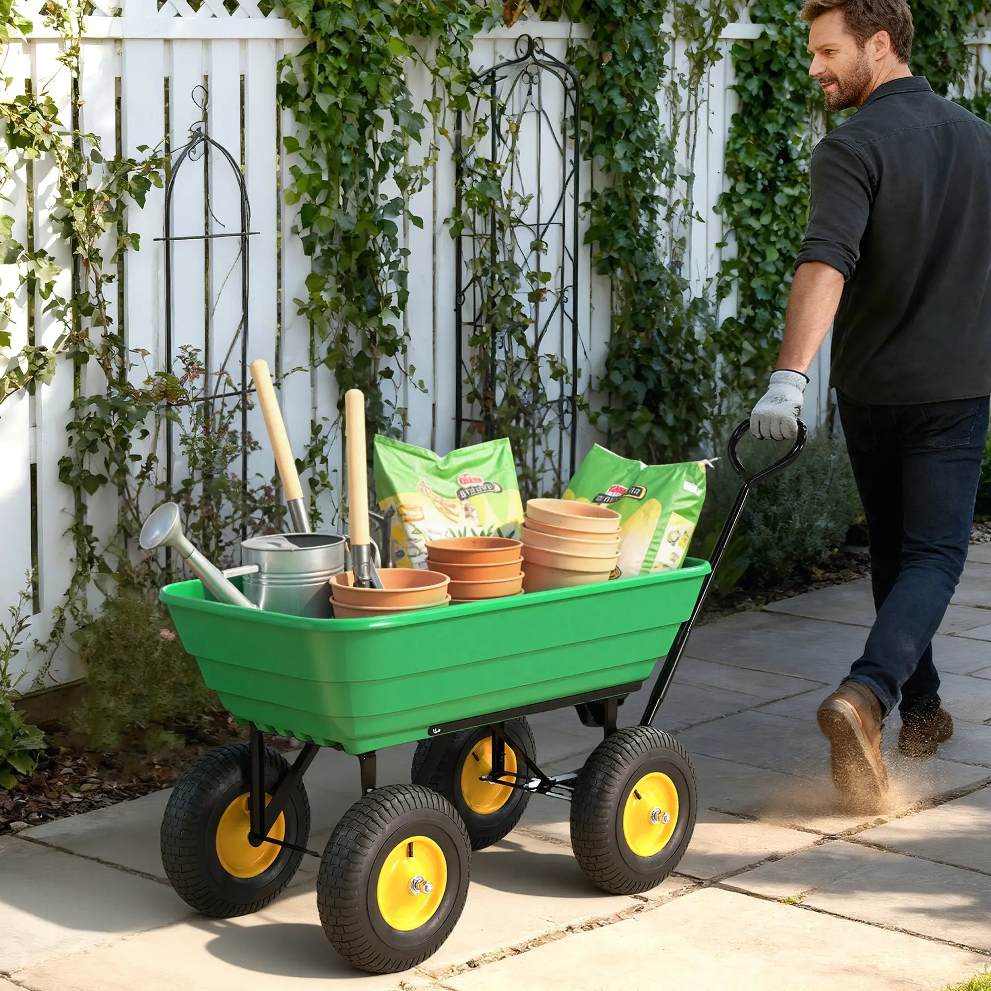 Heavy Duty Garden Dump Cart, 440lbs, Steel Frame, 10'' Pneumatic Tires, Green Folding Garden Carts at Gallery Canada