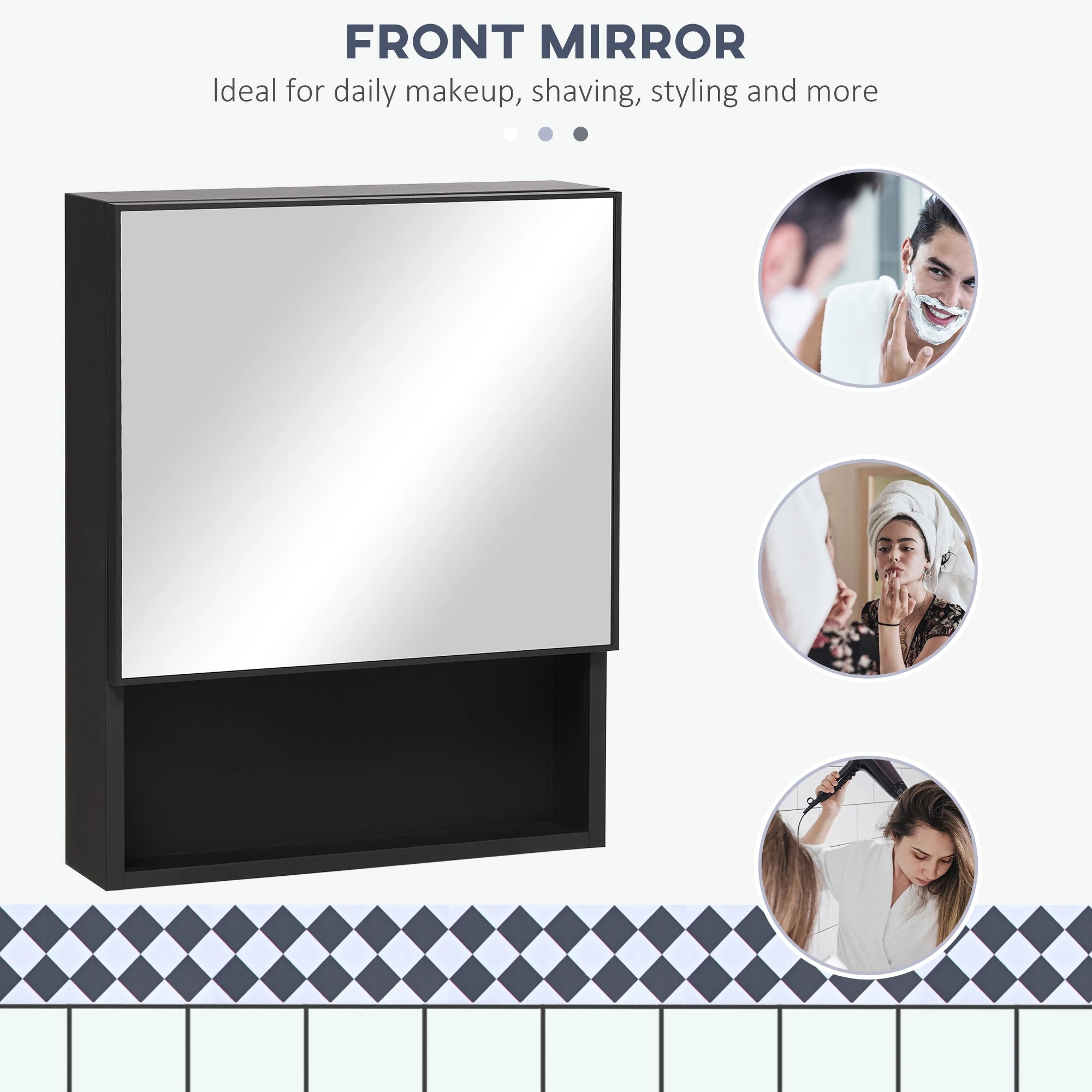 Wall-Mounted Medicine Cabinet, Single Door with Shelves, Stainless Steel Frame, Black Mirror Medicine Cabinets at Gallery Canada