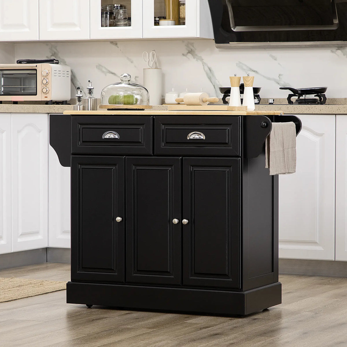 Kitchen Island with Storage, Rolling Cart, Rubber Wood Top, Black Kitchen Islands & Kitchen Carts at Gallery Canada