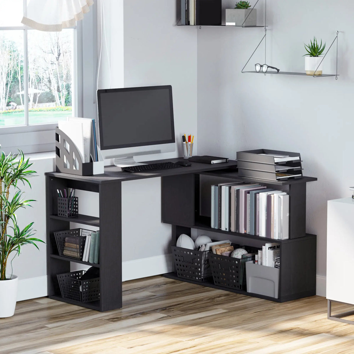 L Shaped Desk, 360° Rotating Corner, Computer Writing Table, Black Writing Desks at Gallery Canada