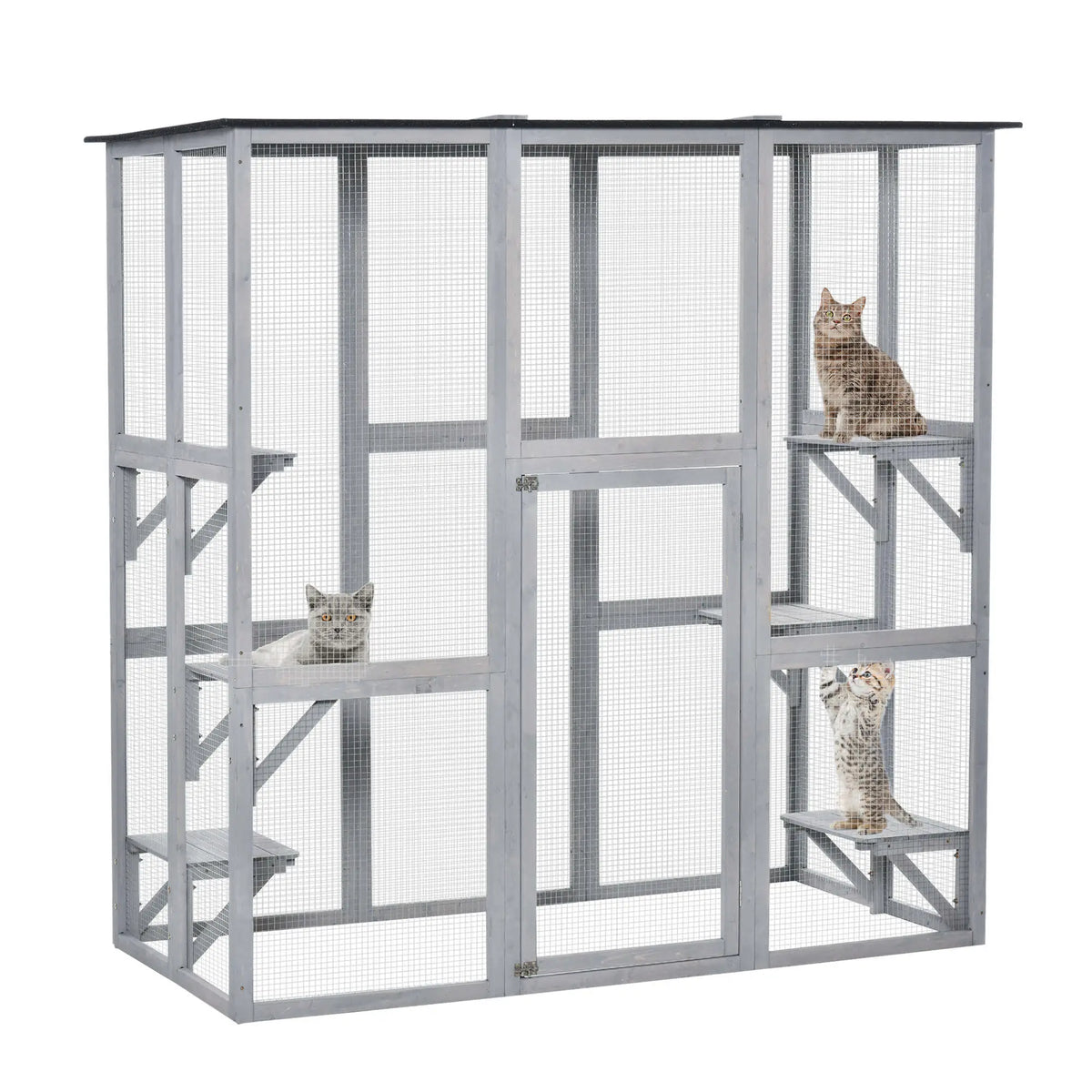 Large Outdoor Catio Enclosure, Weatherproof Cat House, Wooden Patio Cage, 6 Platforms, 71" x 39" x 71", Grey Outdoor Cat Enclosures at Gallery Canada