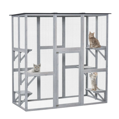 Large Outdoor Catio Enclosure, Weatherproof Cat House, Wooden Patio Cage, 6 Platforms, 71" x 39" x 71", Grey Outdoor Cat Enclosures at Gallery Canada