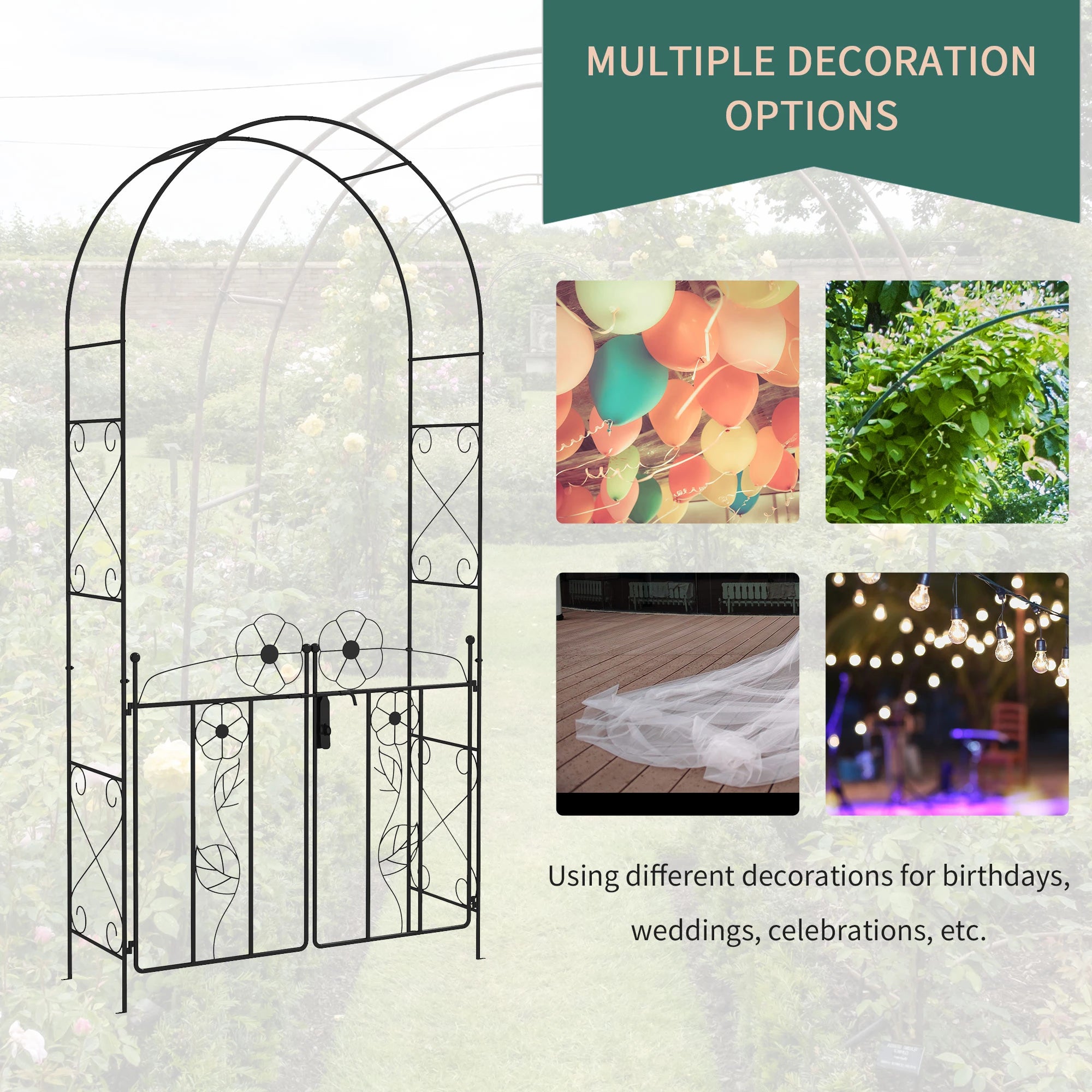 7.5FT Metal Garden Arbour, Double Gate, Arch Trellis, Black Garden Arches at Gallery Canada