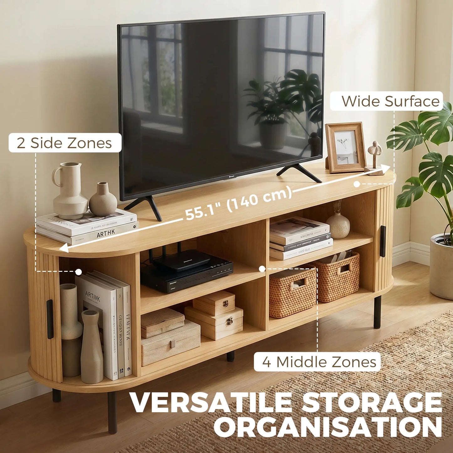 TV Stand for TVs up to 60", Modern Entertainment Center with Curved Sliding Doors, Natural Wood TV Stands at Gallery Canada